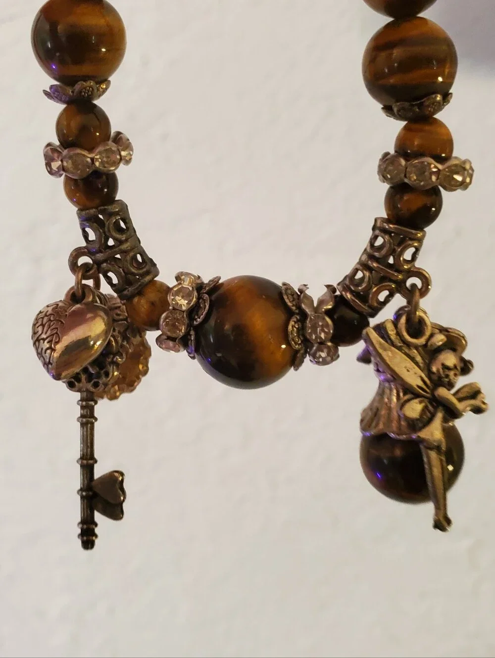Womens Faux Tiger's Eye Stretchy Beaded Charm Bracelet‎ Brown & Gold